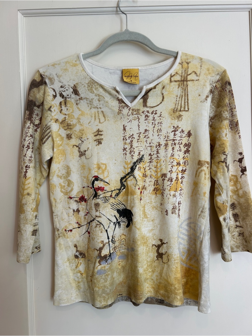 Angels Crane Print Long-Sleeve Tee in Yellow and Brown